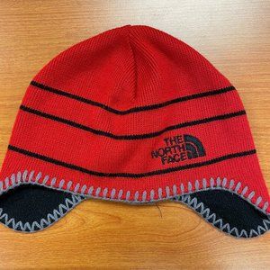 North Face Beanie, Infant-Child One Size, Red, Gray Trim, w/Black Stripes